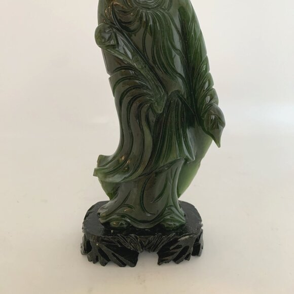 Chinese Nephrite Jade Guanyin 7" Statue w/Stand Hand Carved Deep Green Goddess - Picture 3 of 15